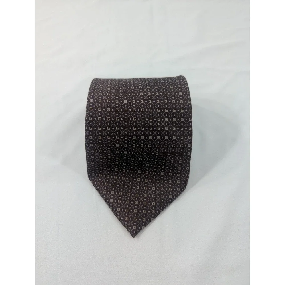 GUCCI Necktie Tie Brown All over GG Logo pattern 100% Silk Men's Made in Italy